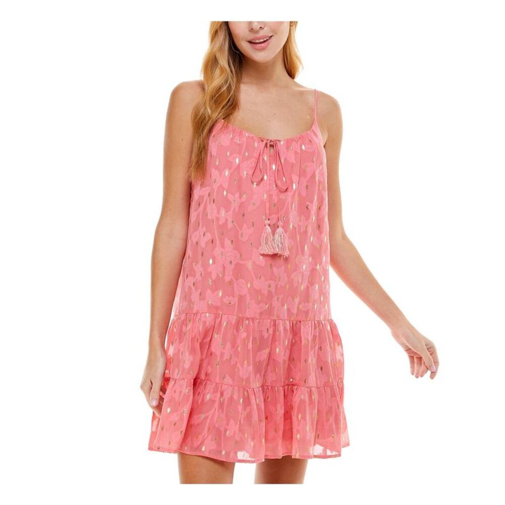 CRYSTAL DOLLS Womens Pink Ruffled Lurex Burnout Short Shift Dress XS